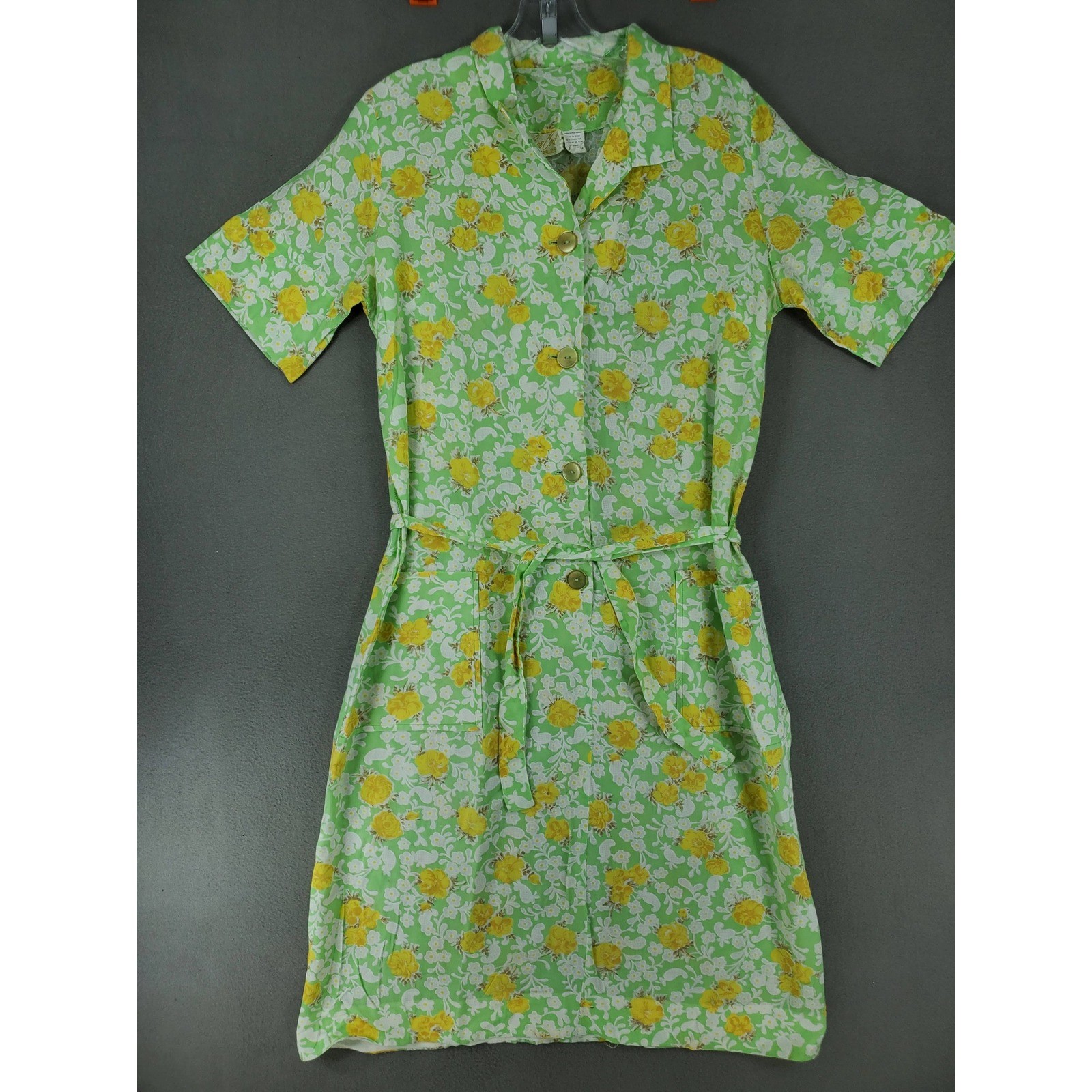 Cape Cod Casuals Shirt Dress Womens 18 Green Floral Vintage Button Front Belted