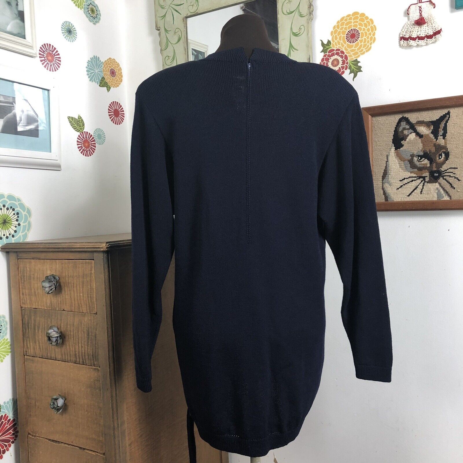 Vintage St. John Santana Knit Tunic Top, 1980s Navy Blue Sweater, Sz S