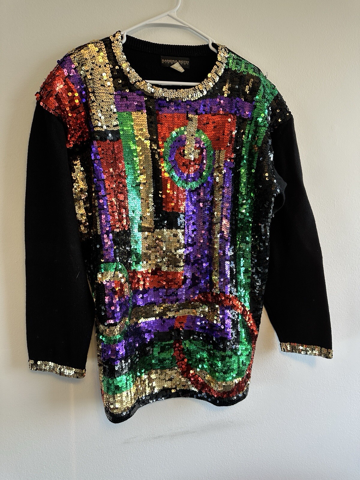 Vintage Sequin Sweater Multicolor Abstract Geometric Pattern Party Pullover
