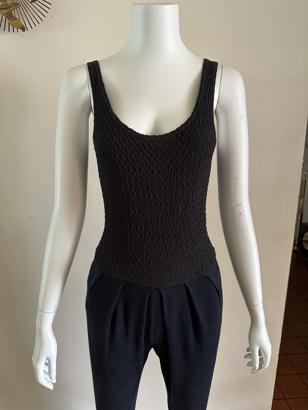 1990s Bettina Riedel NY Stirrup Pant Jumpsuit Romper Pleated Black Catsuit S VTG