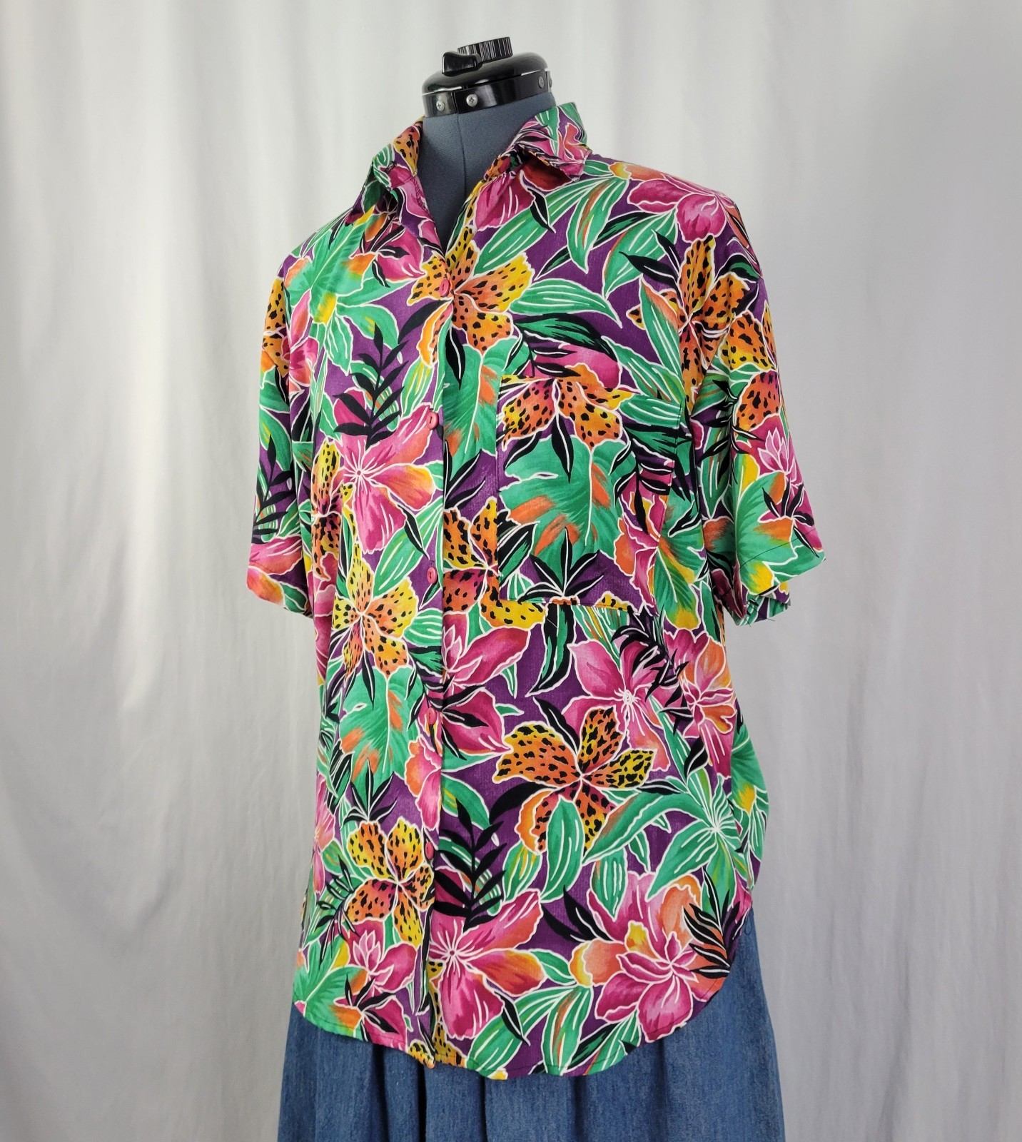 Vintage American Weekend Purp/Pink/Yell/Orange/Green Tropical Floral Top Size M