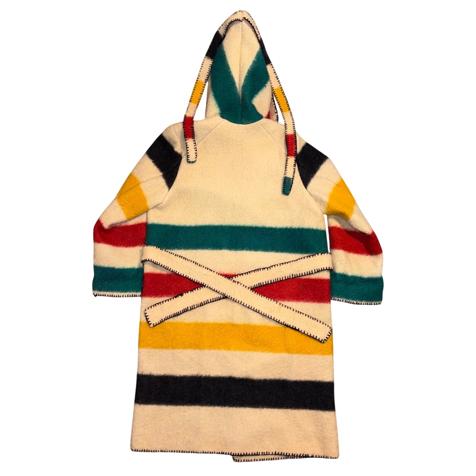 Vintage Handmade Hudson Bay Style Wool Blanket Coat Multi Stripe Hooded Belted