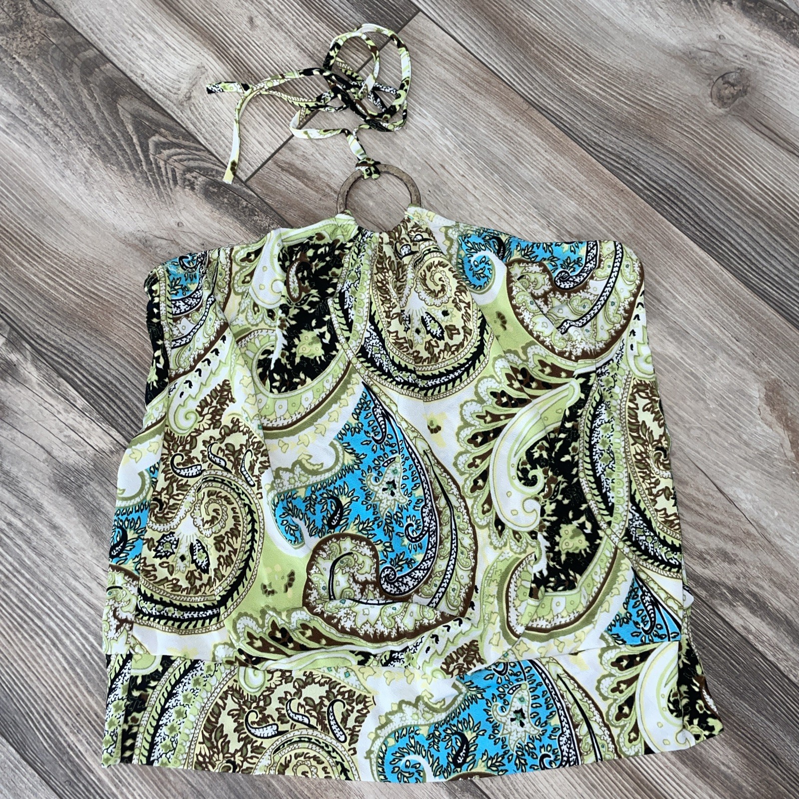 Vintage Y2K Rave Tie Halter Top Sz M Paisley Green
