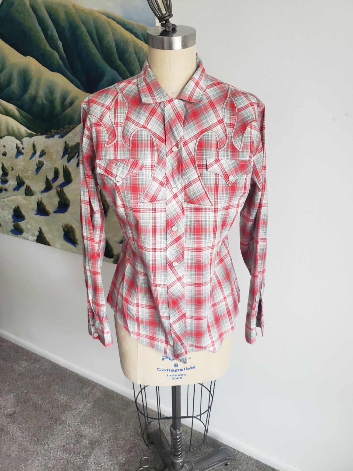 VTG H Bar C Womens Pearl Snap Western Shirt California Ranchwear 36 Silver