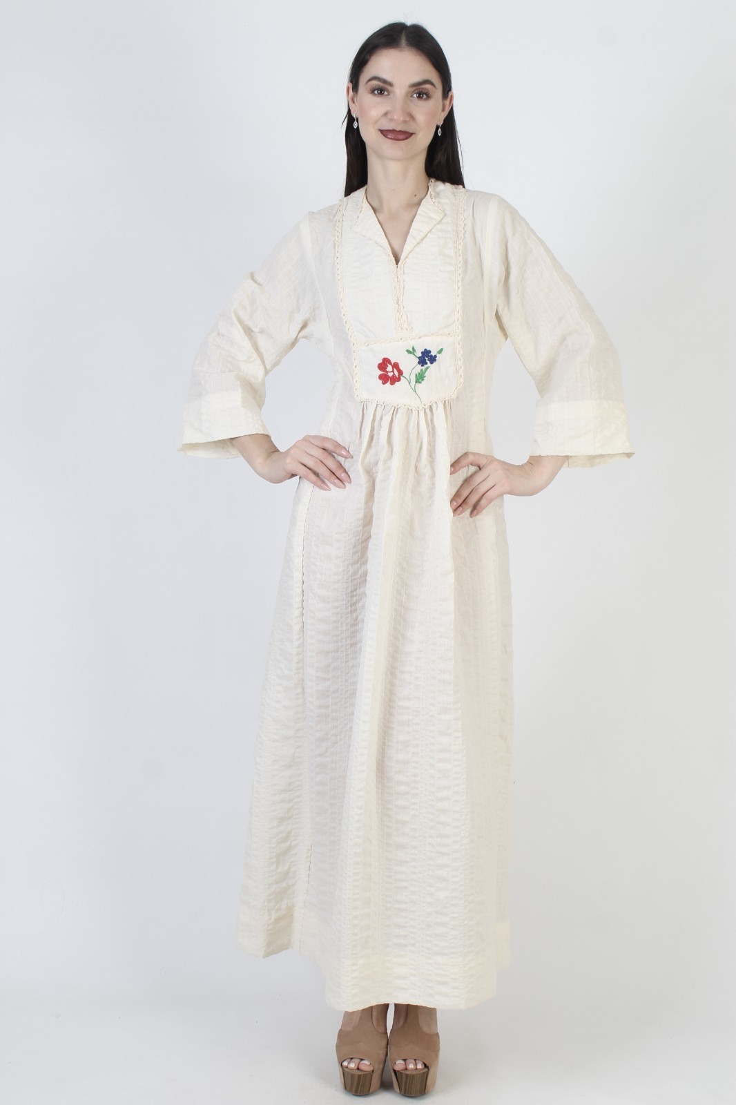 Vtg 70s Cream Seersucker Prairie Dress Bell Slv Peasant Boho Wedding Maxi Gown