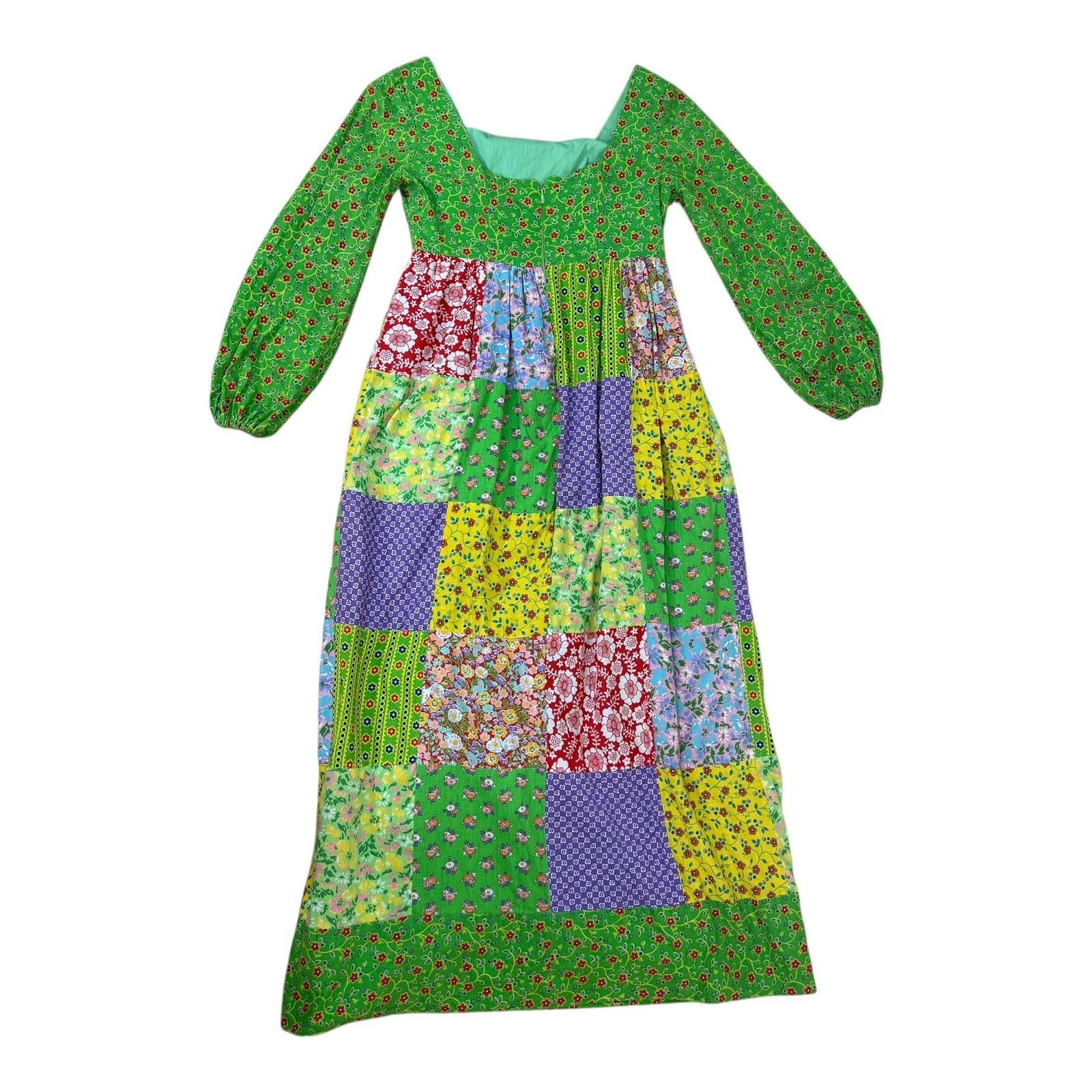 Vtg Mountain Artisans Patchwork Maxi Hippie Dress Floral Boho Green Pink Size 8