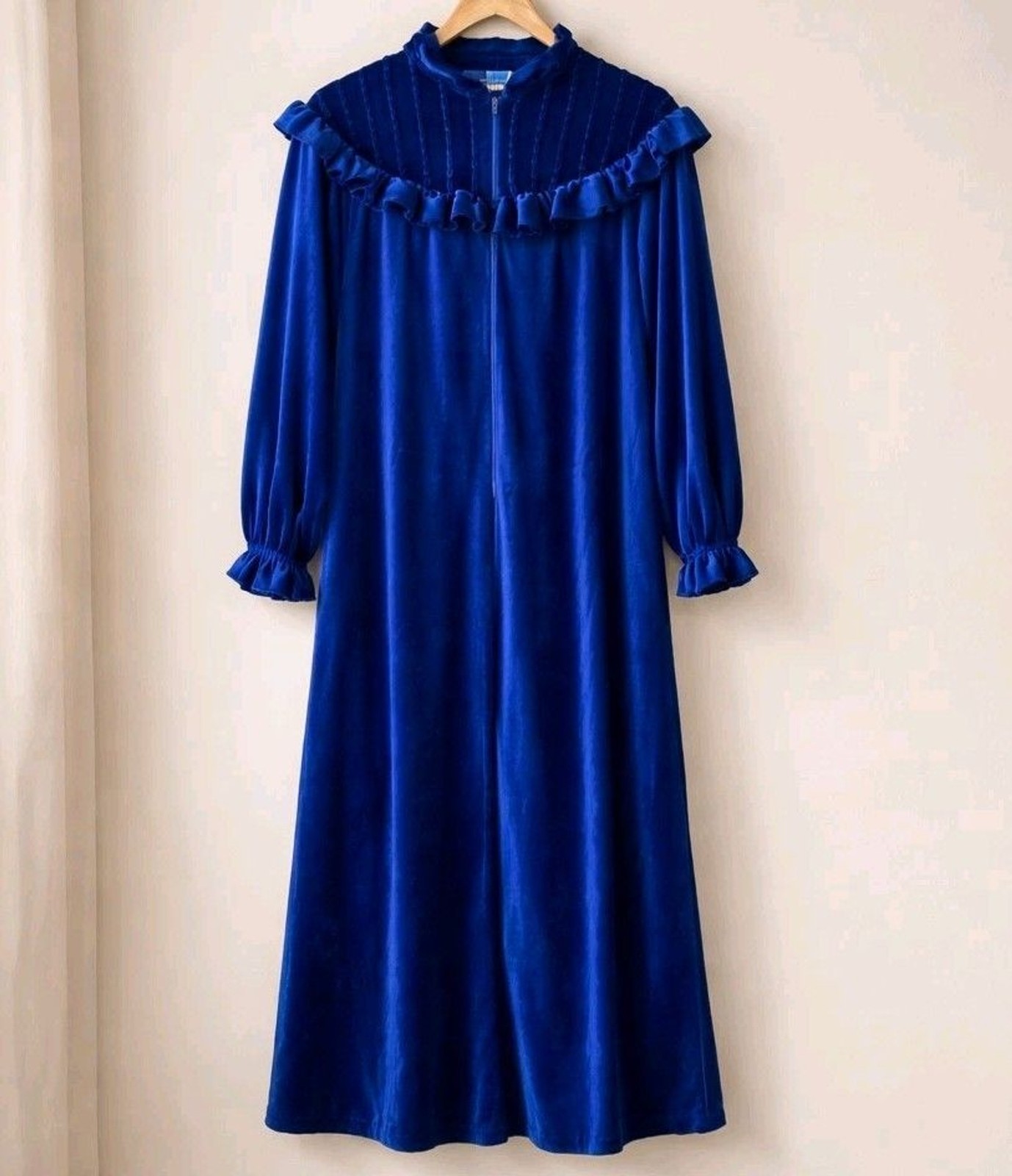 Vintage 60s Lara Dee by Charm Blue Velour Hostess Robe M Retro Glam Mid Century