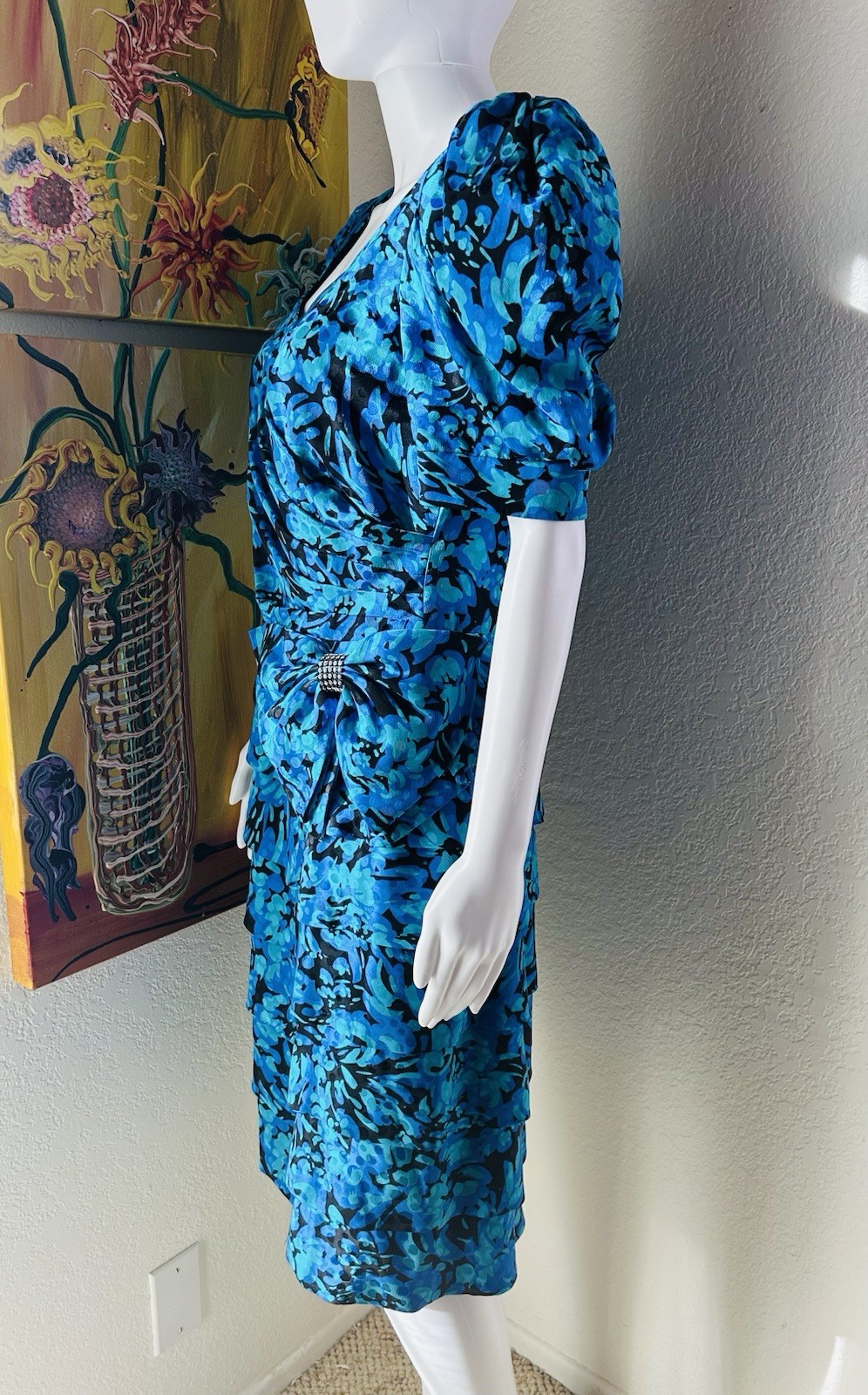 A.J. Bari Blue Floral Print Tiered Dress Bow 80s Vtg Sz 12 See Measurements