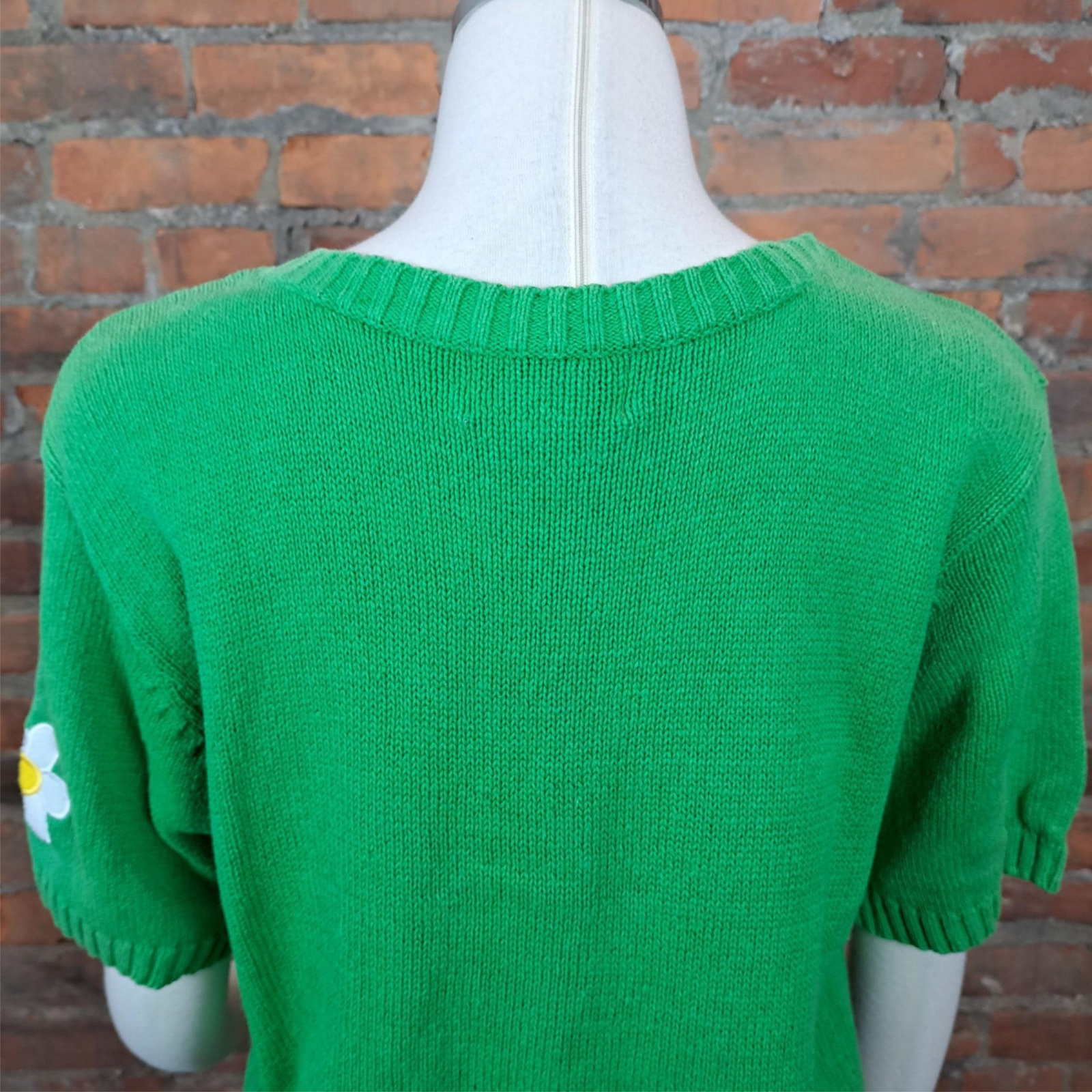 Vintage Sweater Cardigan Green Short Sleeves Lady Bug Daisy Size XL