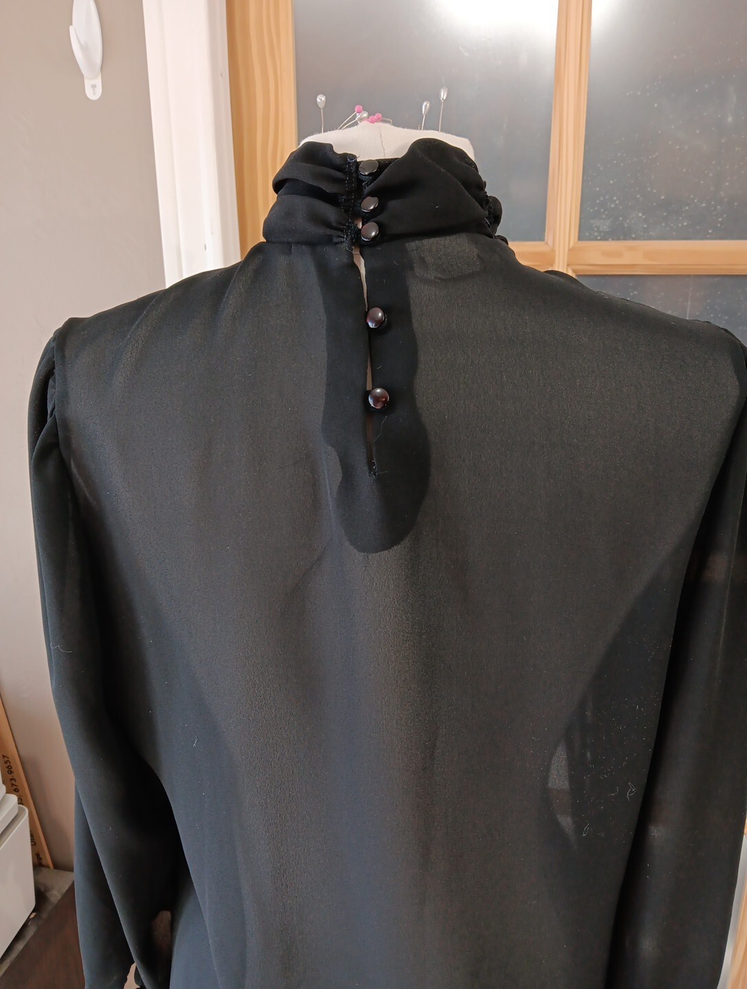 Vintage Sheer Blouse Black Sz 14 Union Label Rhonda Lee Pleated Button Back 70s