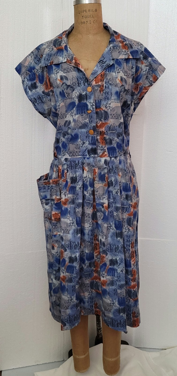 Vintage 1950s Handmade Shirtdress Abstract Print Blue Gray Rust/ Metal Zipper M