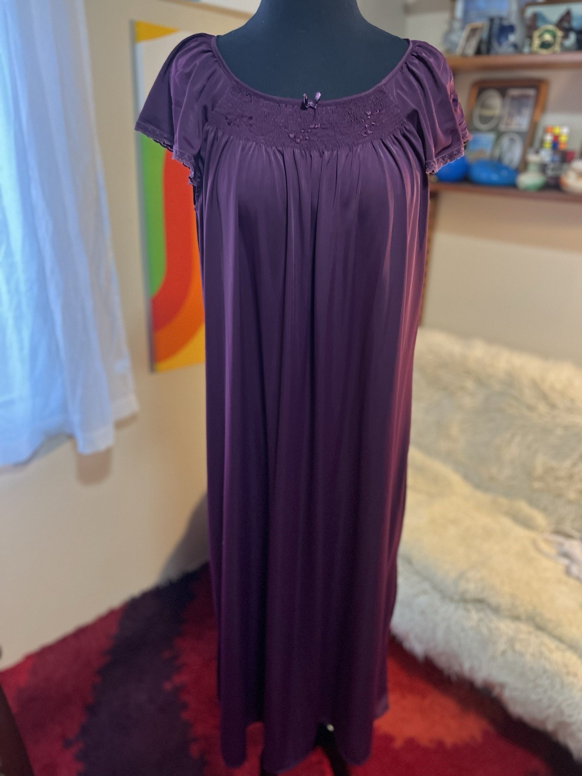 Vtg Miss Elaine Maroon Burgundy Red Silky Nylon Flutter Sleeve nightgown Small