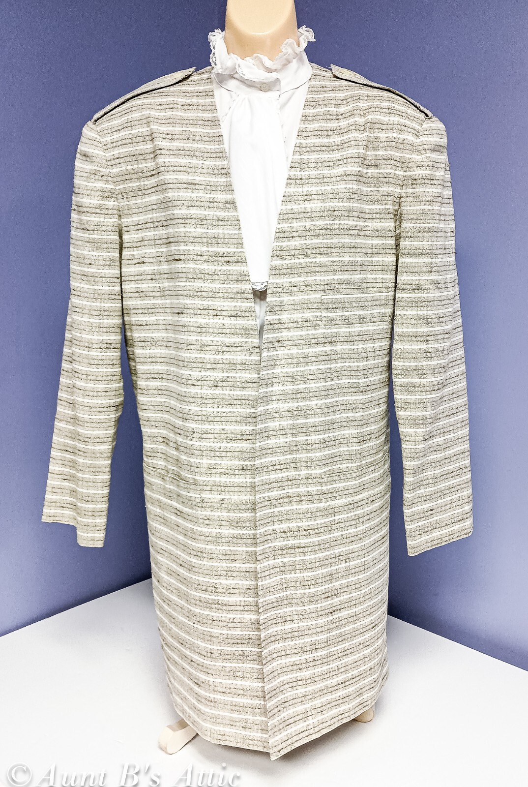 Vintage 80’s Ladies Long Beige Multi Viscose/Cotton Stripe Colorless Blazer 10