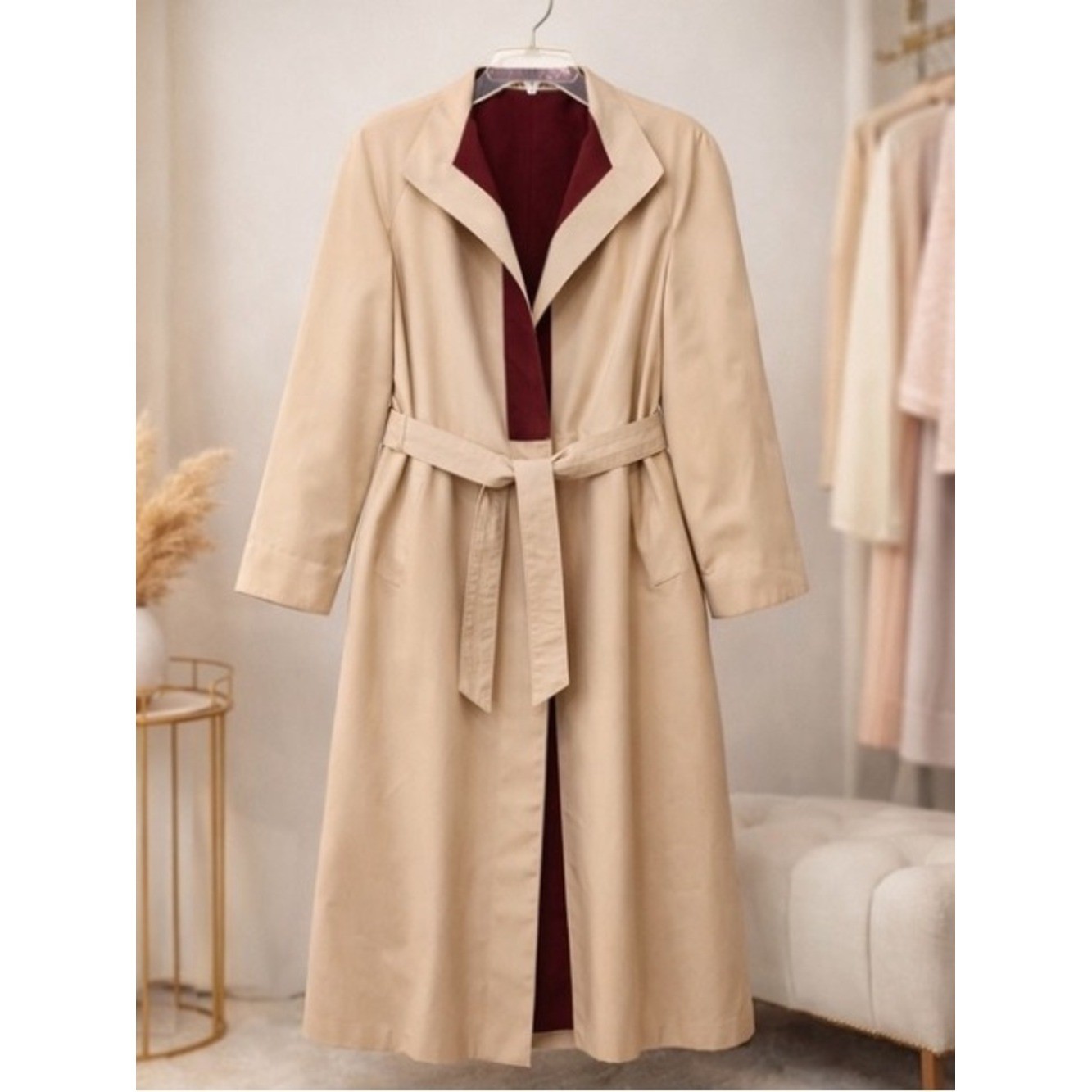 ETIENNE AIGNER Reversible Belted Trench Coat in Burgundy with Beige Sz 10 NWOT
