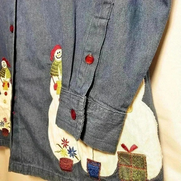 Vintage Bobbie Brooks Womens Blue Denim Button-up Snowman Smock Blouse 22W/24W