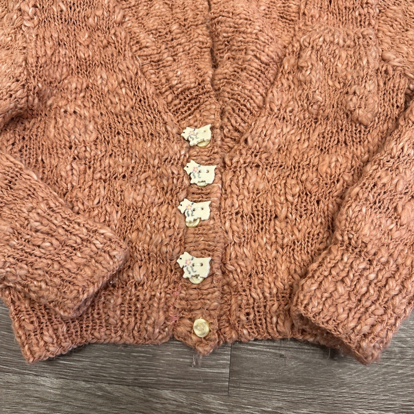 VTG 90s Liz Claiborne Coral Pink Chunky Knit Cardigan SCOTTIE DOG Buttons Small