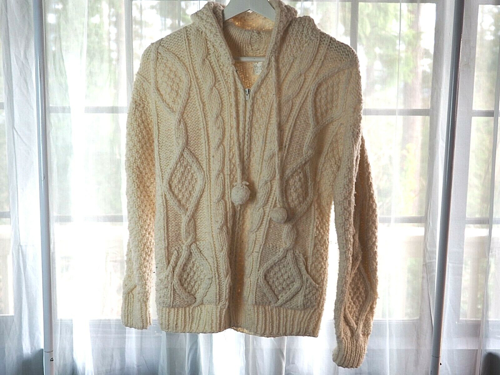 VTG 70s Colors of the Andes 100% Wool Ivory Cableknit Zip Hood Pockets Sweater M