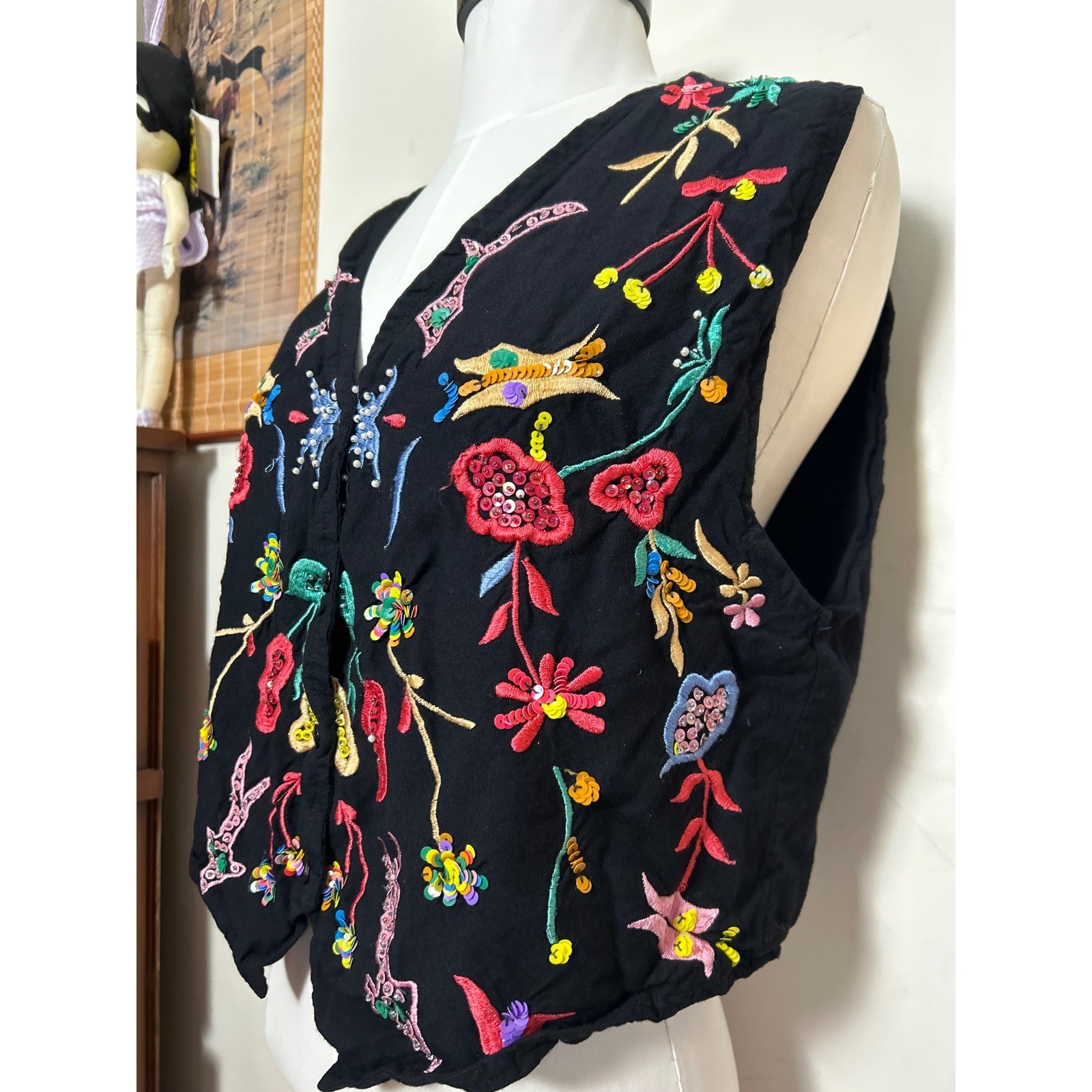 Vintage Passports Pier 1 Imports Embroidered Beaded Sequin Vest Black One Size