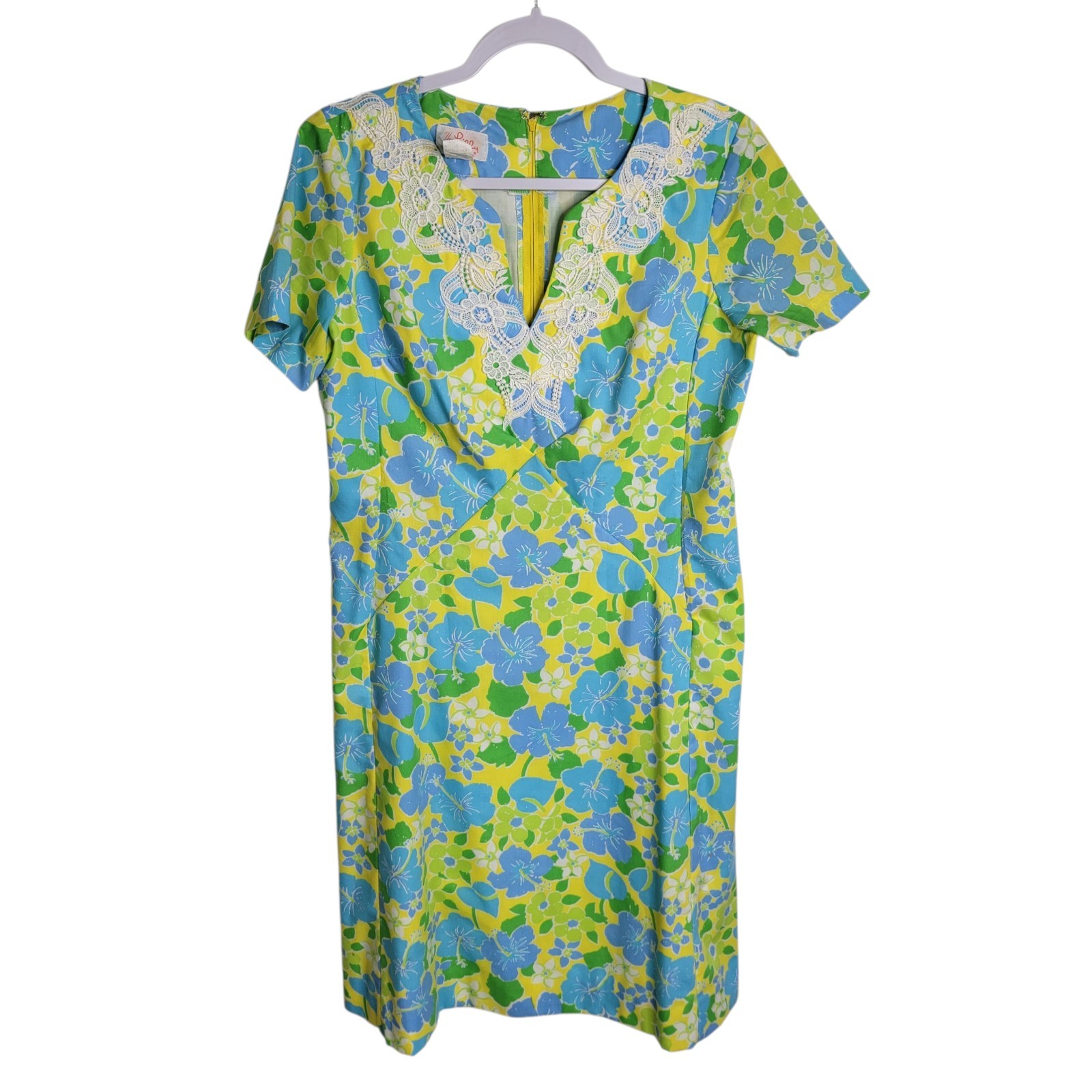 Vintage „The Lilly” by Lilly Pulitzer Hawiaan Floral Print Shift Dress Lace Trim