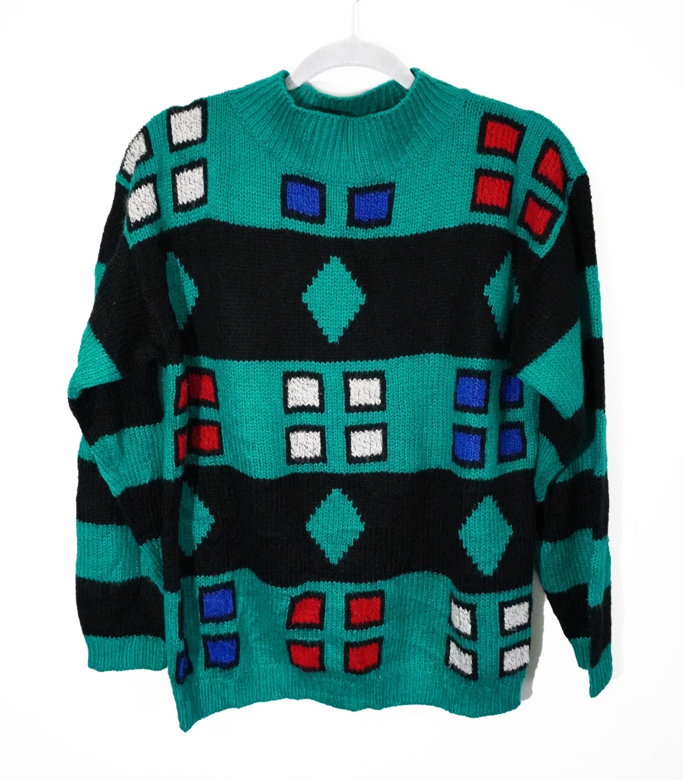 Vintage 80s 90s Abstract Green Geometric Knit Sweater 16th Street Womens Small