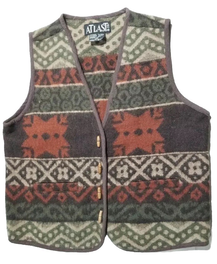 Vintage At Last Wool Vest Women Sz M Wood Buttons Aztec Southwest Style