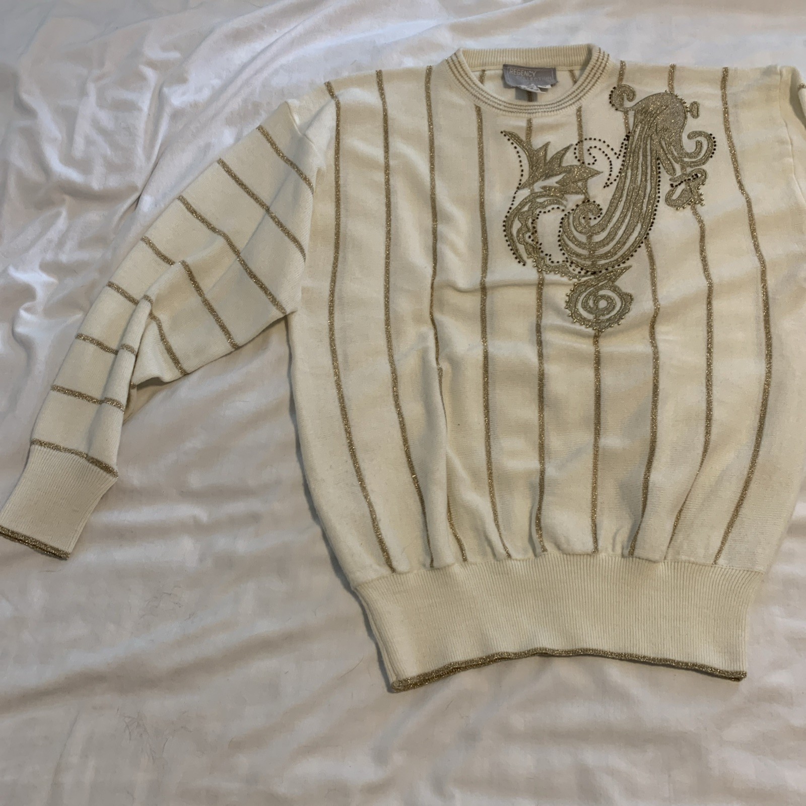 Regency Collection Christmas Vintage Beaded Sparkle Gold Shimmer Knit Sweater M