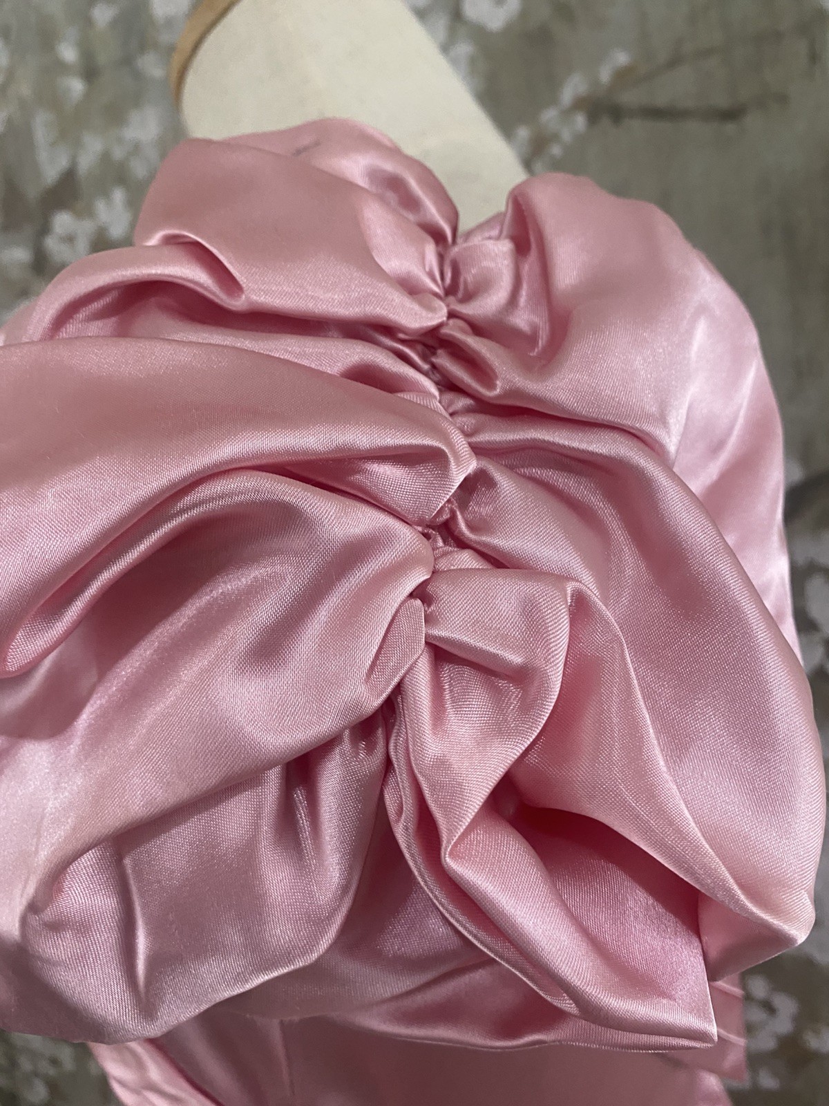 VTG 70’s Pink Satin Union Made Coquette Back Cascade Prom Bridesmaid Dress S