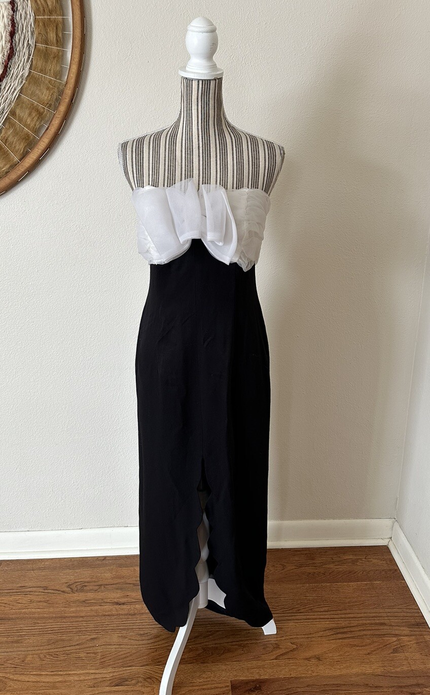 Vintage Niki Originals 90s Dress Gown Slit Black White Bow Woman’s S/M