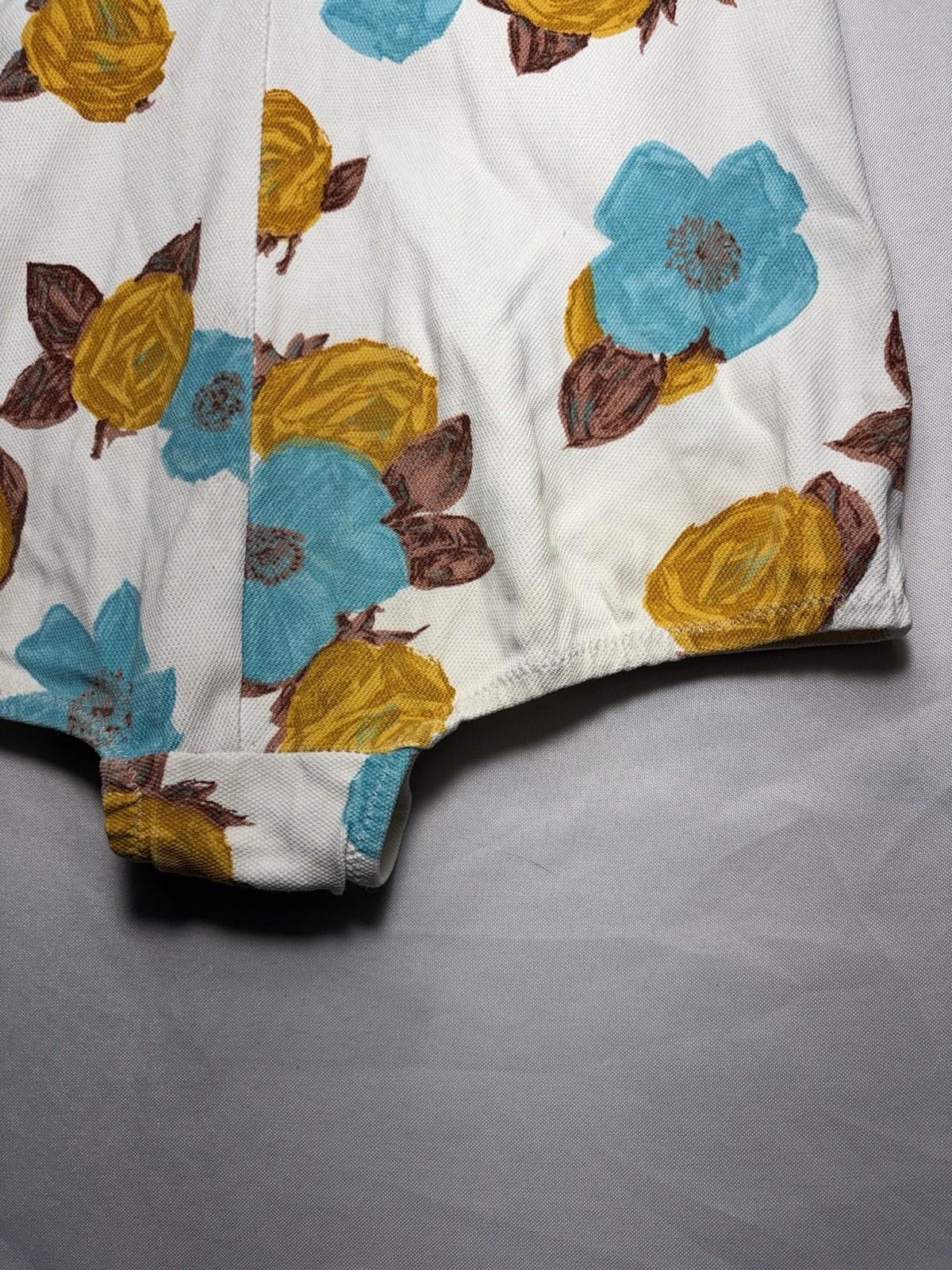 Vintage 1950s White Floral One Piece Swimsuit With Turquoise And Mustard Flowers