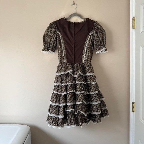Vintage chocolate brown floral square dance dress XS prairie puff sleeve pink