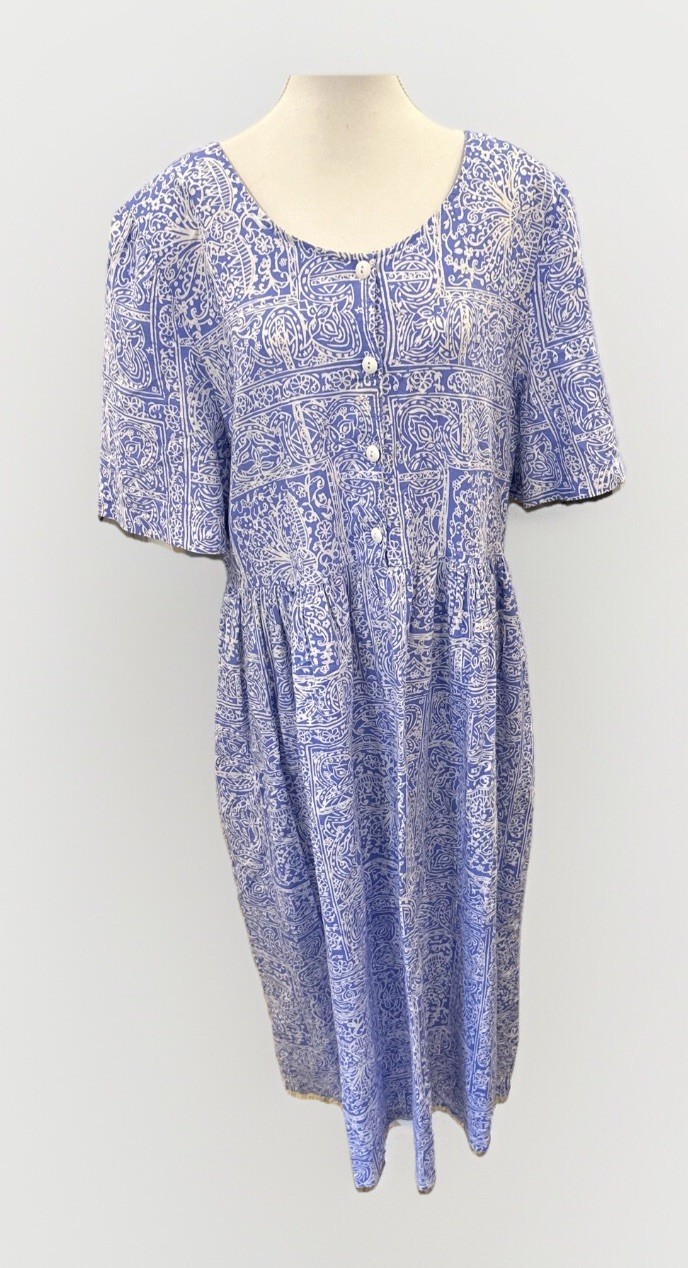 VTG Two Potato Laguna Beach USA Blue White Tropical Hawaiian Dress Pockets Sz 2X
