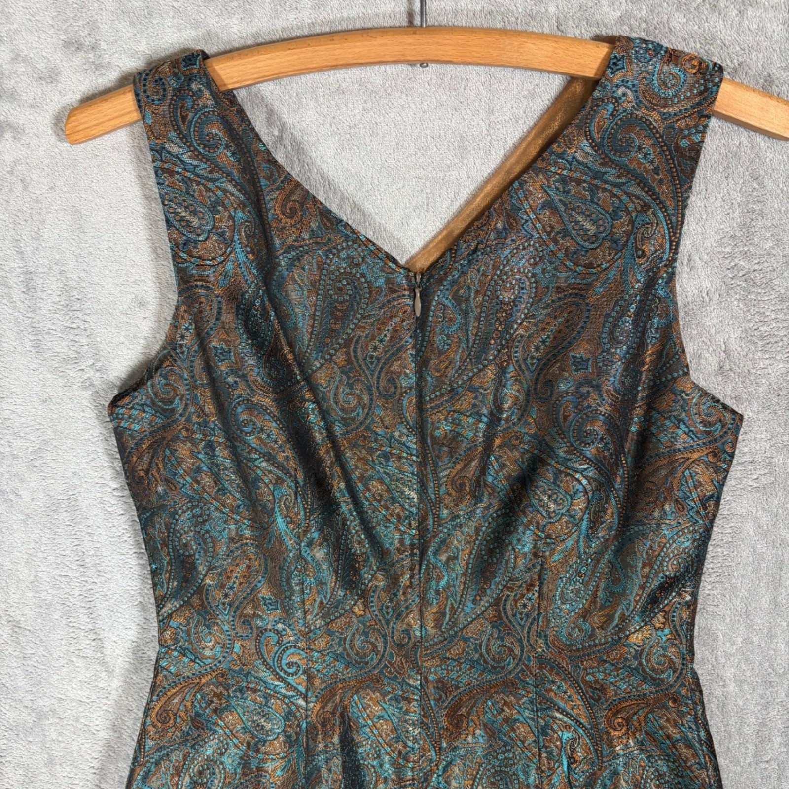 Althuser Vintage 100% Silk Paisley Brocade V-Neck Sheath Dress Teal Copper 4