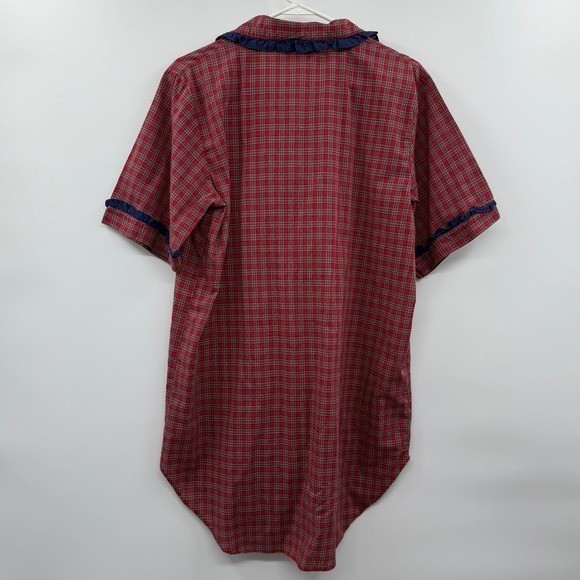 Vtg nightgear sleep wear plaid Shirt Nightgown embroidered cat & mouse