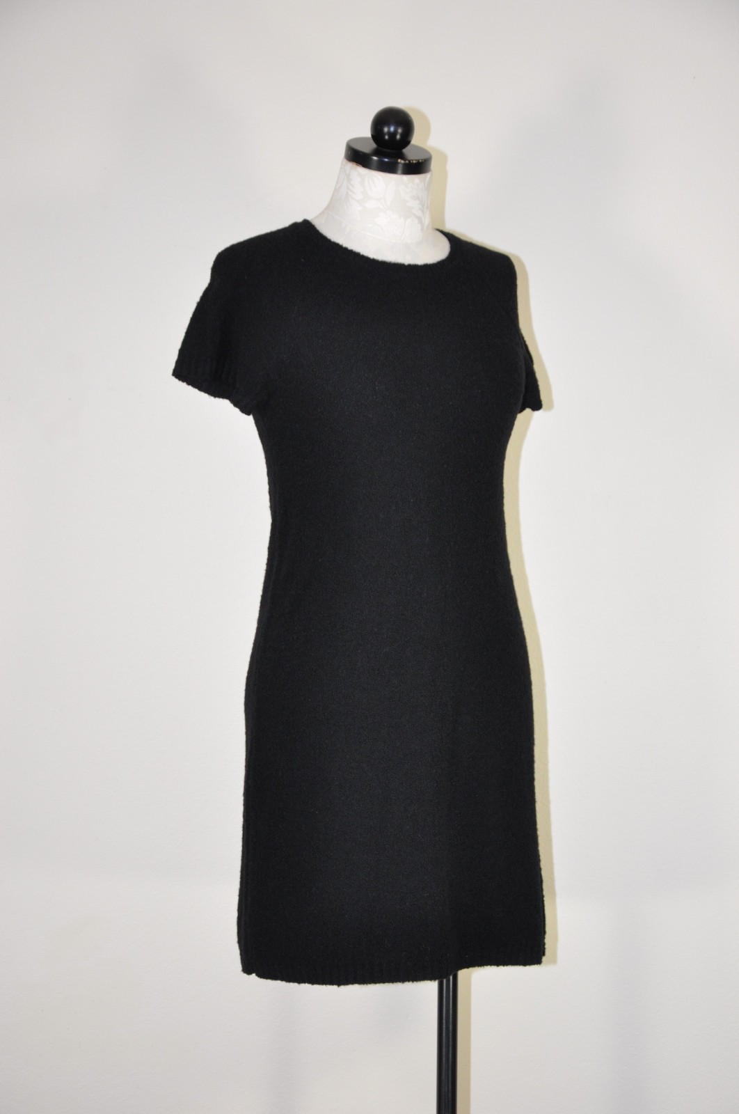 90s Vintage DKNY Black Wool Mohair Short Sleeve Knit Sweater Mini Dress Women S