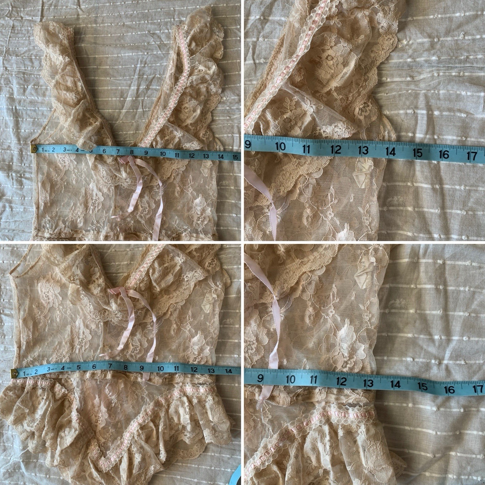 Vintage 70s 80s Designer Emil Bole Tan Beige nude Floral Lace Teddy W Ribbons