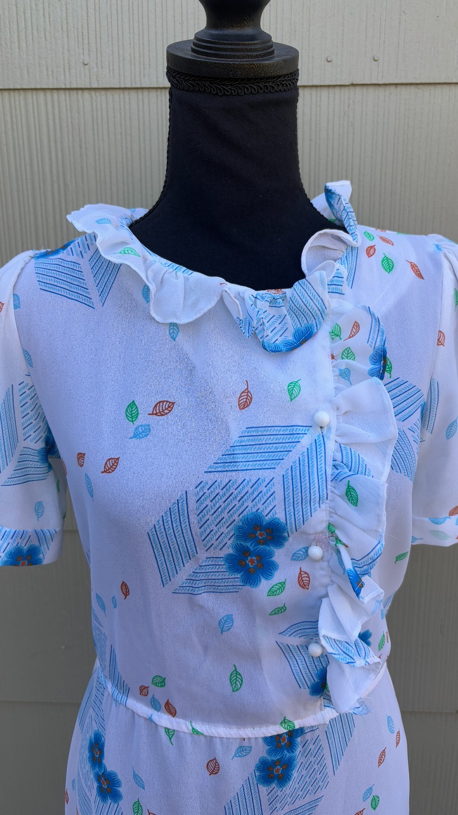 vtg 70s Does 40s Whimsical Floral Leaf Sheer Ruffle Collar Blouson A-Line Dress