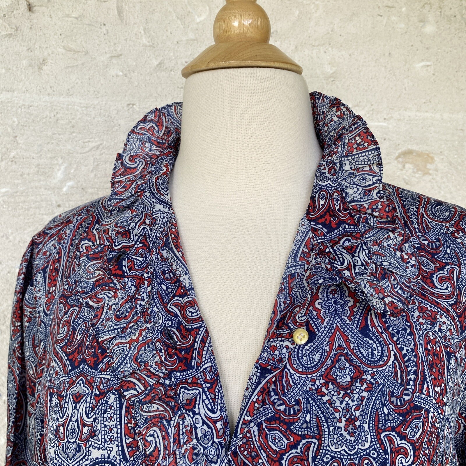 Vintage Secretary Blouse Shirt Large Red White Blue Paisley Ruffle Neck 70s 80s
