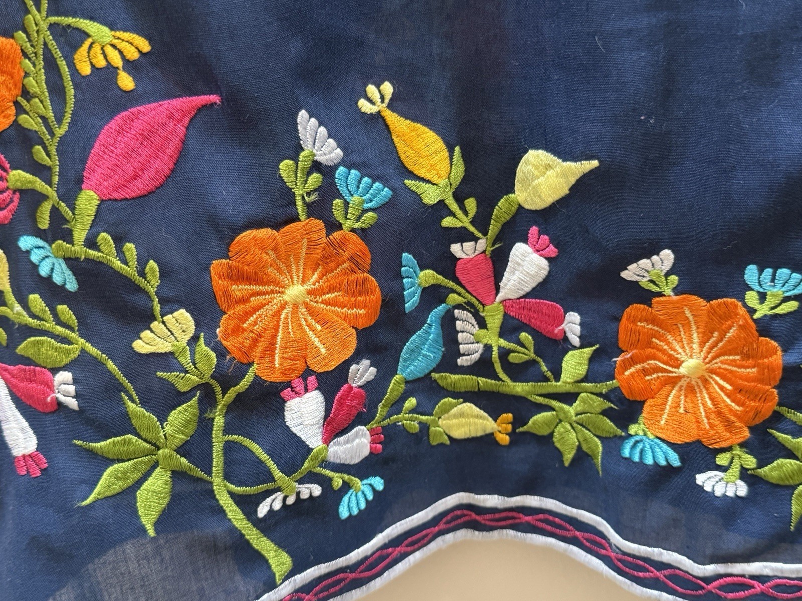 Vintage 70’s Leandra Crochet Tunic Women XL Embroidered Blue Boho Art Semi Sheer