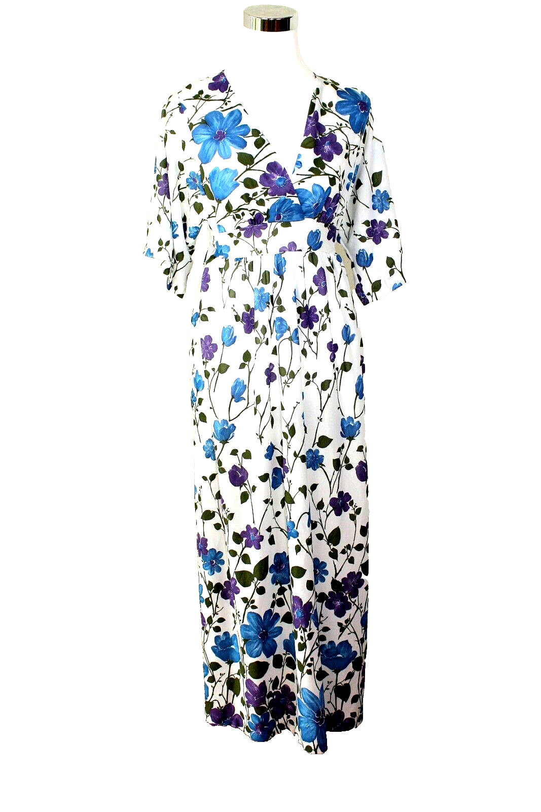 VTG 70s BOHO Maxi Dress Sz M Floral White Green Blue Purple Elbow Sleeve #04