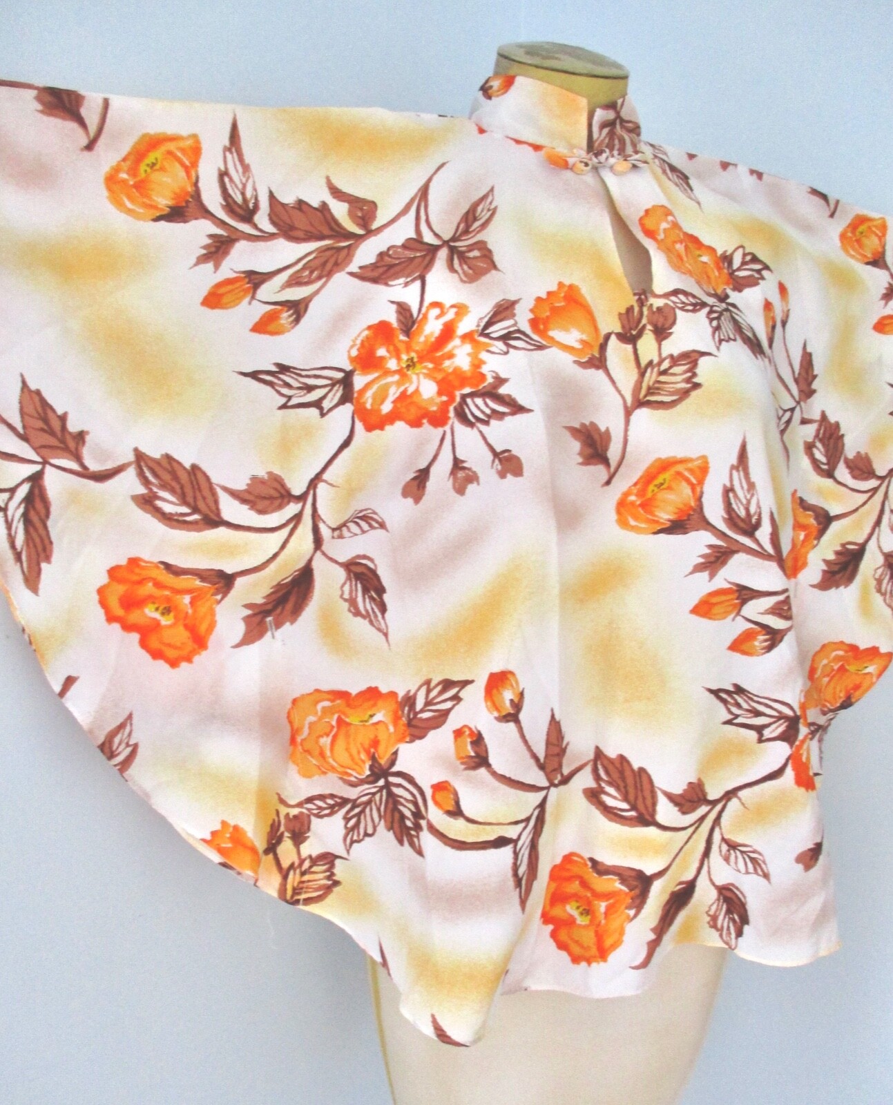Vtg 60s 70s Hawaiian Palm Silky Poncho Cape Blouse Batwing Top Asian-Inspired M