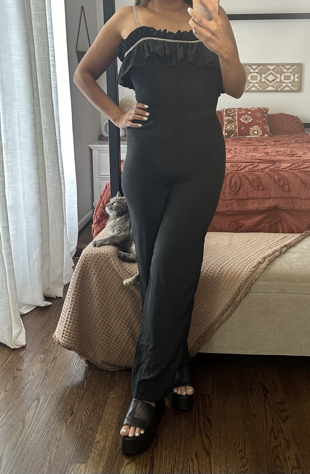 Vintage Lilli Diamond Of California Size 8 Black Rhinestone Jumpsuit Ruffles