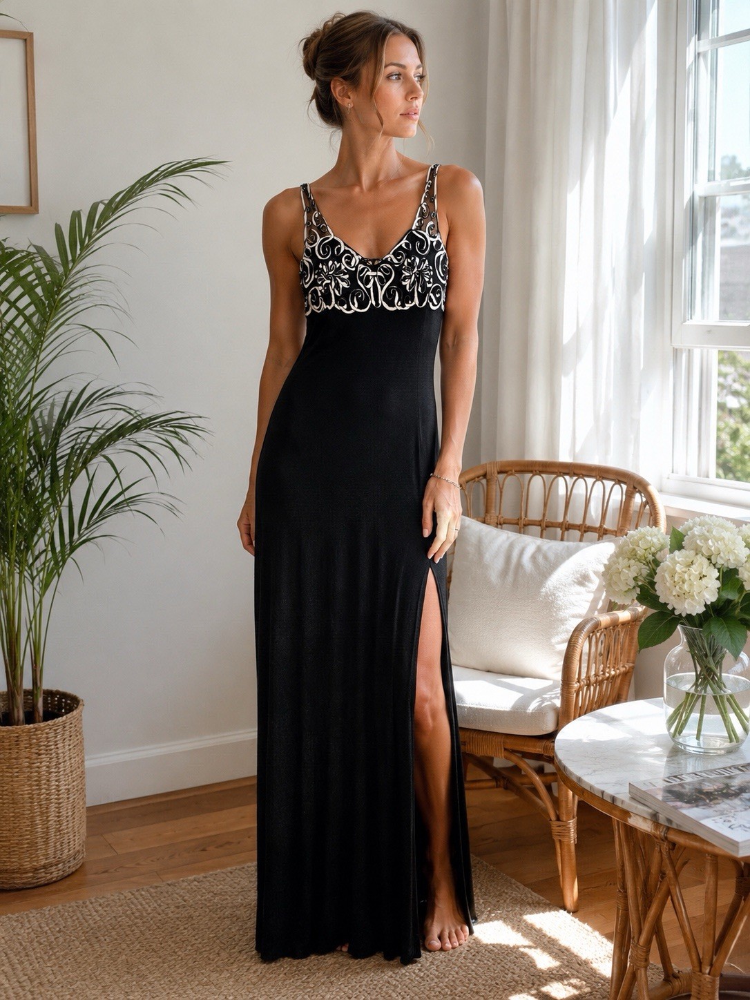 VTG 90s Marnie West Black White Soutache Formal Evening Gown Dress Sz 10 Elegant