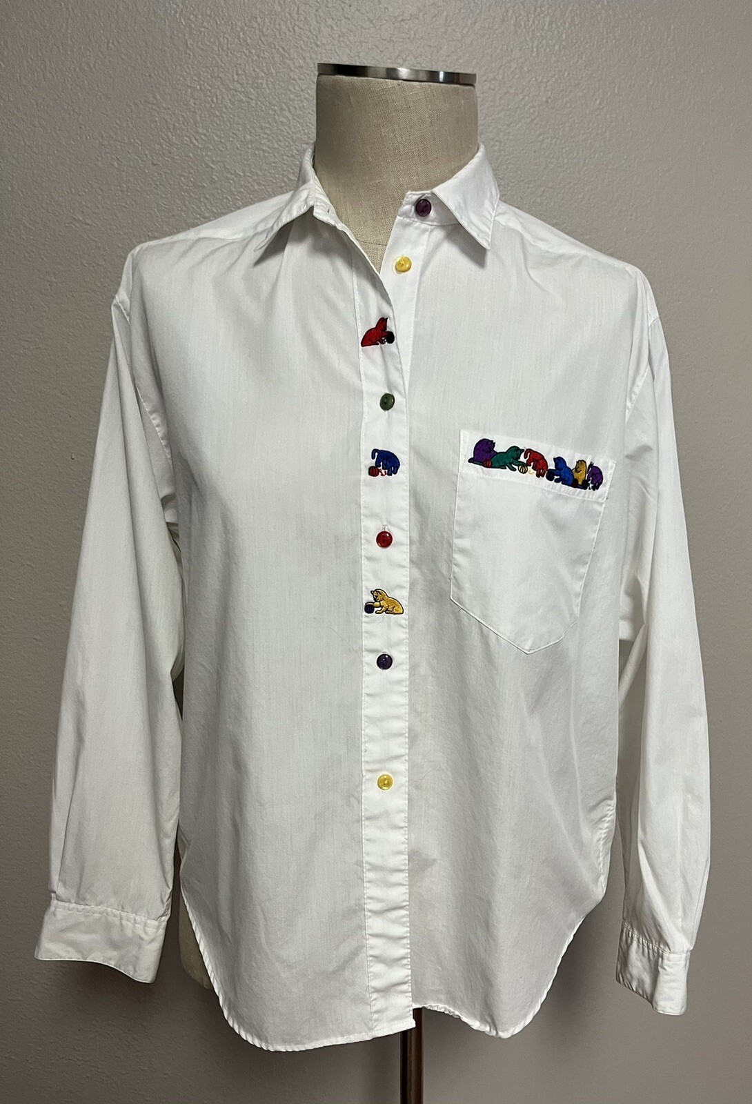 VTG John Henry Ladies Long Sleeve Shirt Cat & Ball Of Yarn Embroidery Size 10