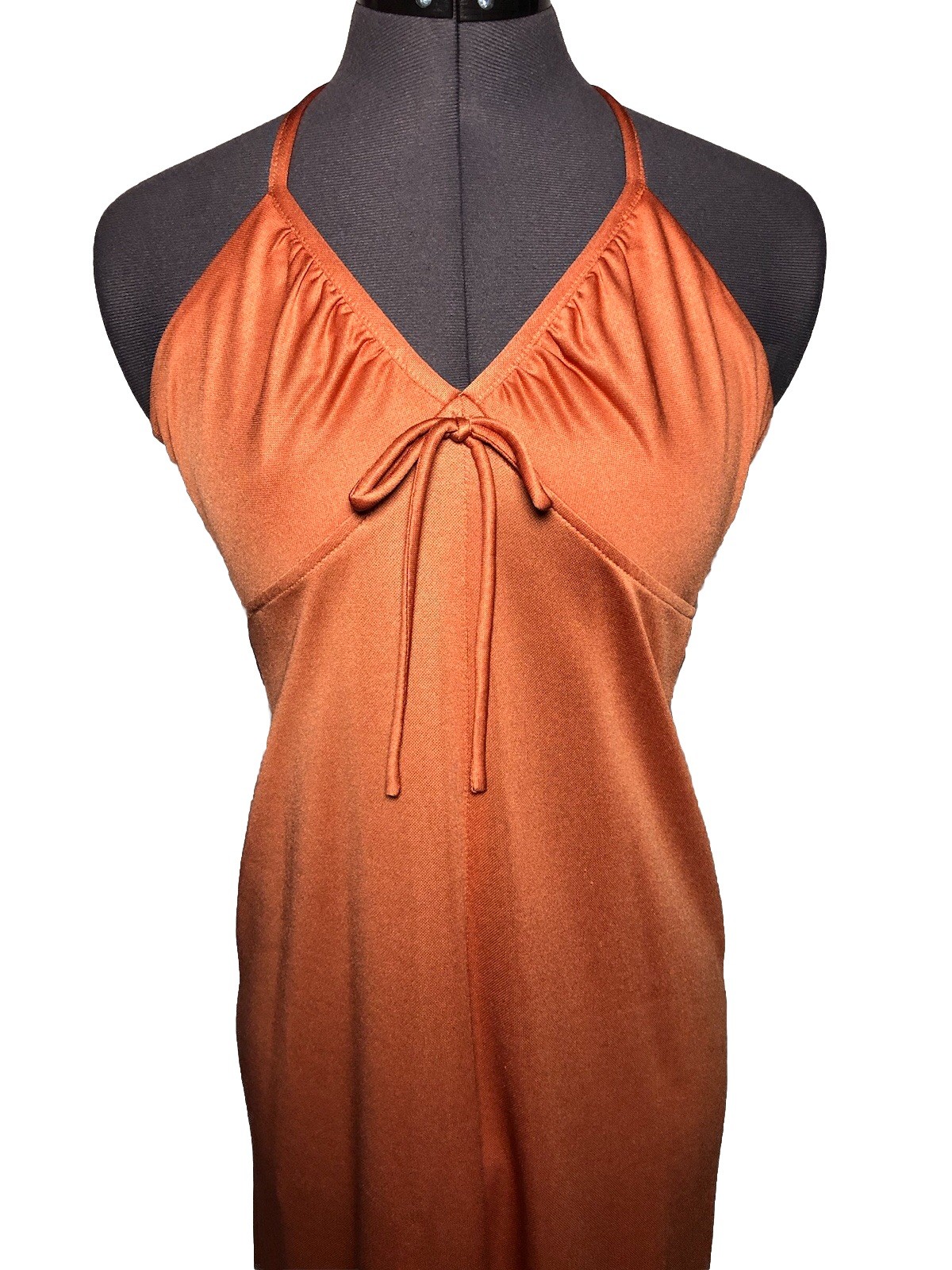 Vtg 70s Halter Maxi Dress Burnt Orange Boho Disco Evening 30-28-34 S/XS DAMAGED
