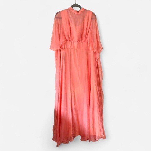 Vintage 60s Coral Chiffon Dress Large AS IS Maxi Waterfall Cape Flutter Angel