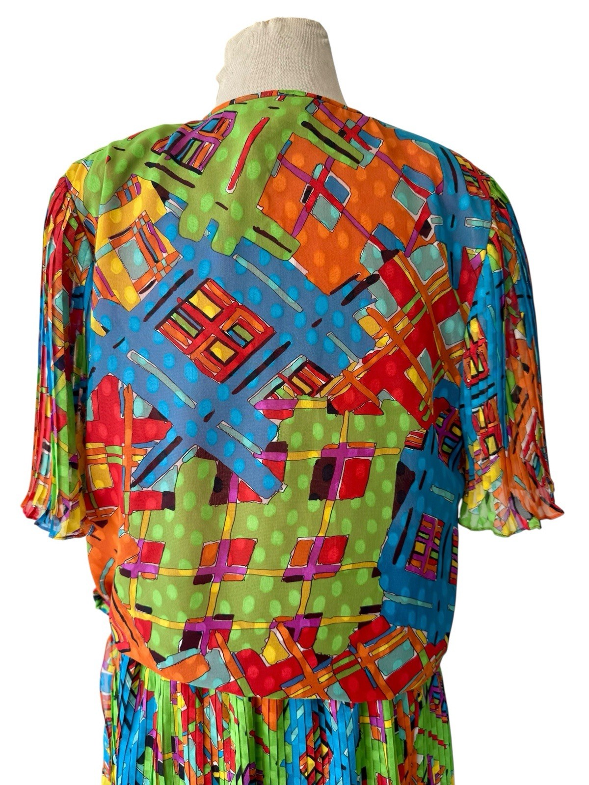 Vtg 80s Diane Freis Colorful Print Skirt Set Fits L/XL Micro Pleated Maximalism