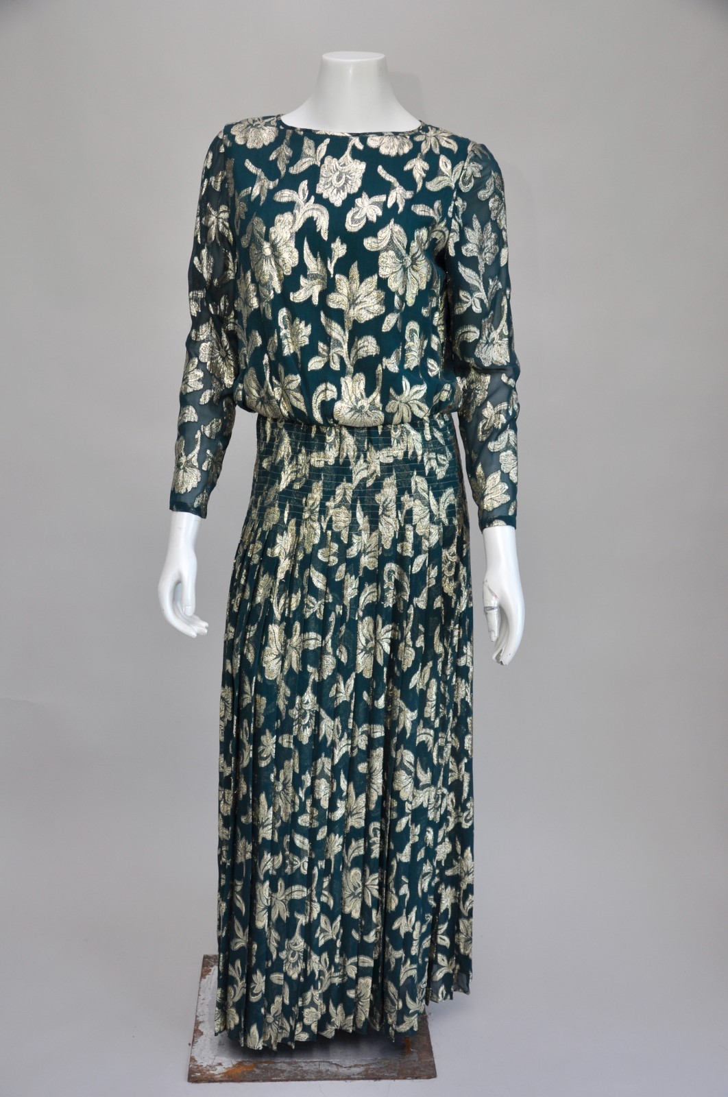 Vintage 1980s Deep Green & Gold Lame Floral Print Maxi Party Dress Fall Boho S/M