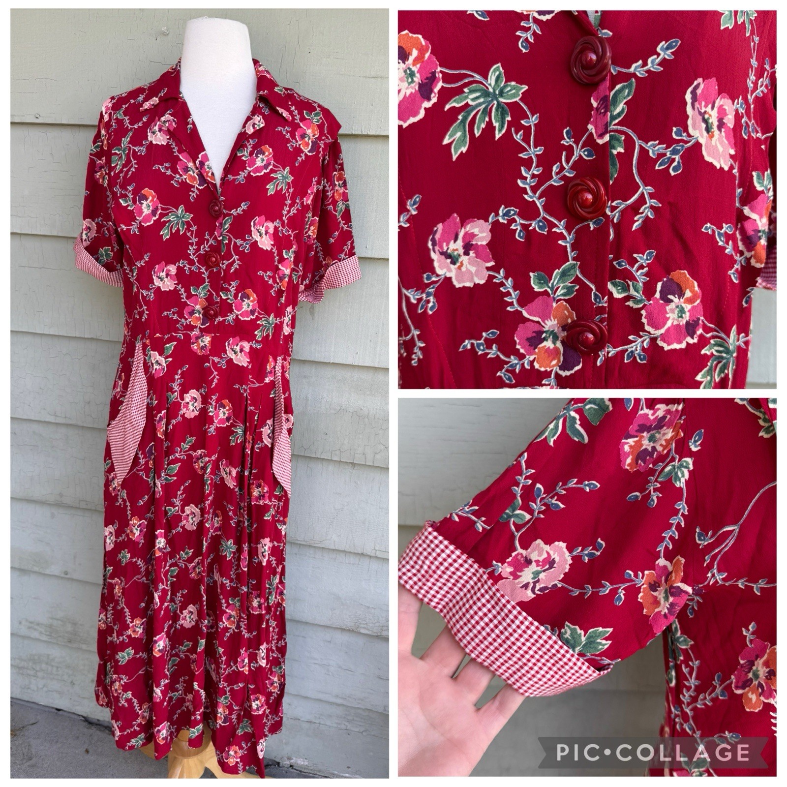 Vtg Toots Pierre Dress Red Floral Gingham 90’s Does 40’s Sz S/M Pockets Classic