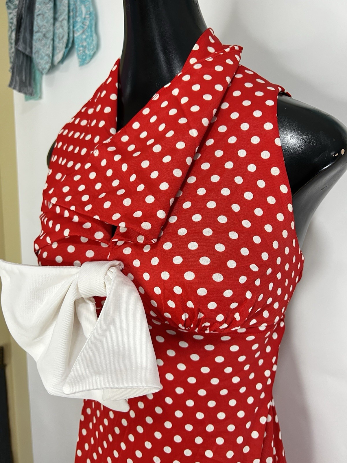 Jack Hartley Miami Vintage Dress Red White Polka Dot Sailor Stretch Halter Maxi