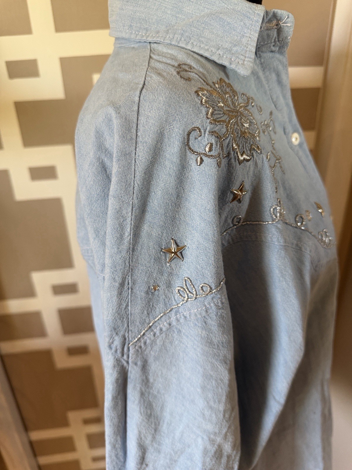 RARE VTG H BAR C California Ranchwear 1970s Water Women’s Shirt Silver Embrdry M